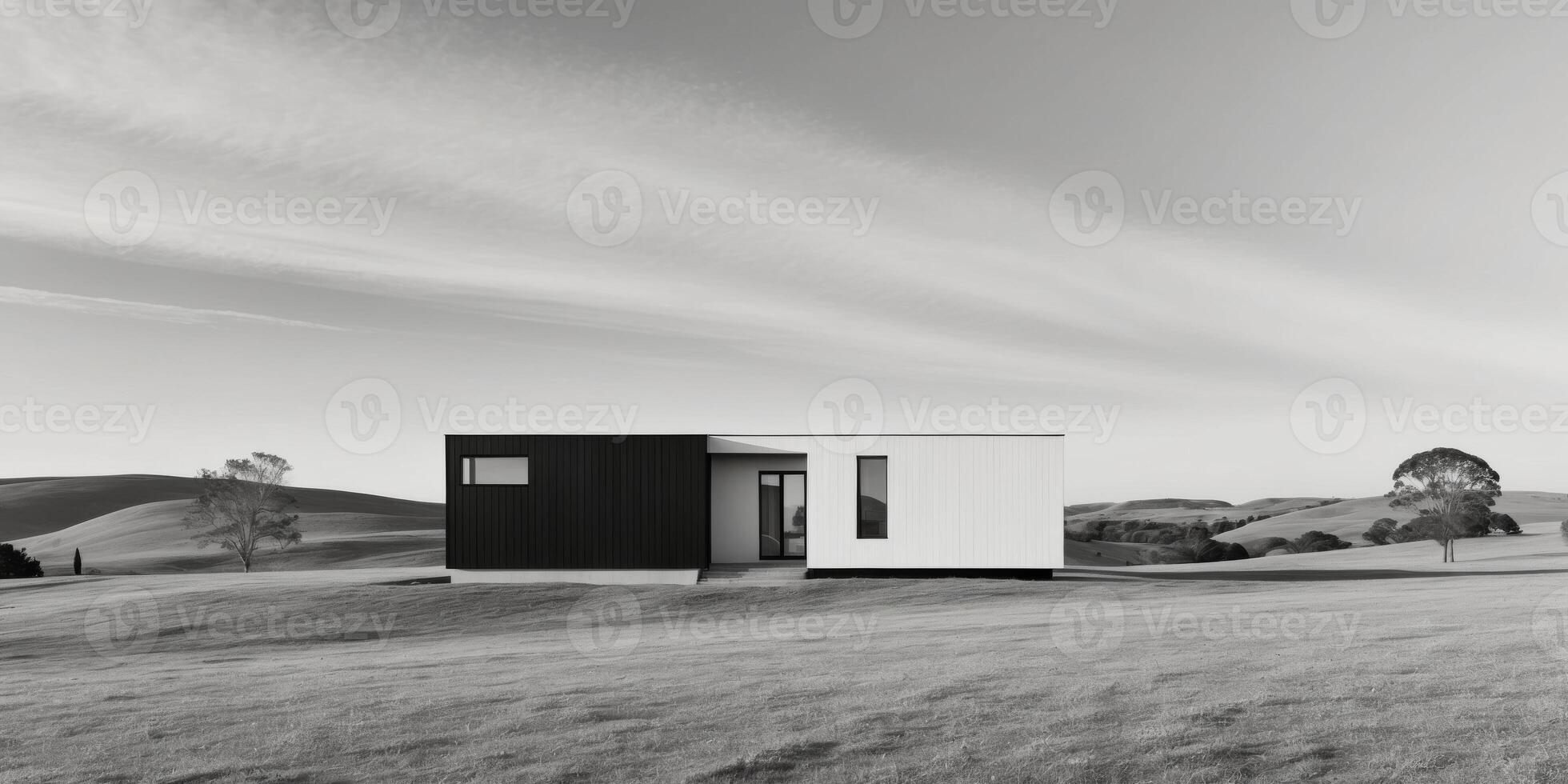 A black and white photo of a small house in the middle of a field
