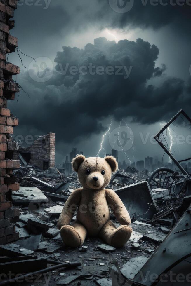 A teddy bear sits in a destroyed building photo