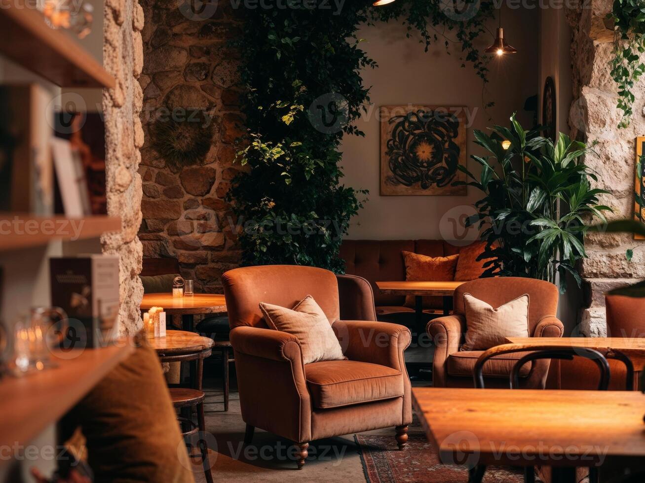 The interior of a restaurant with chairs and plants photo
