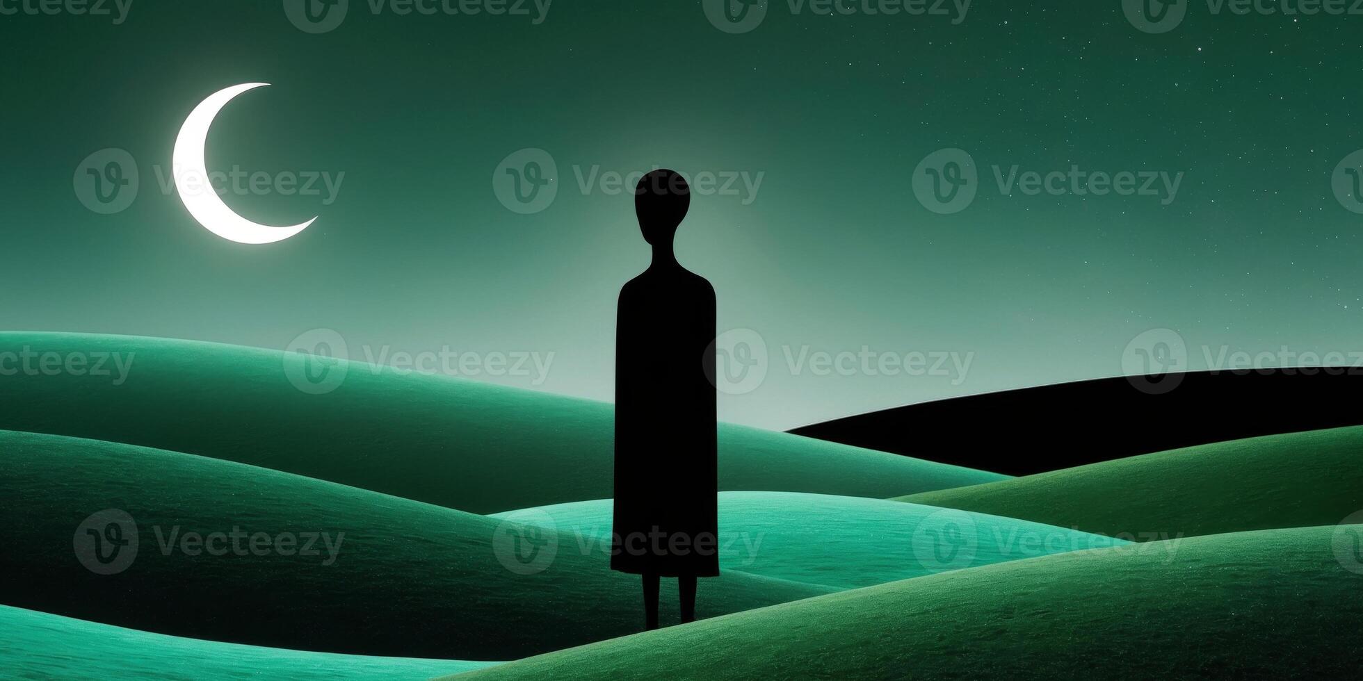 A silhouette of a person standing in front of a moon and crescent photo