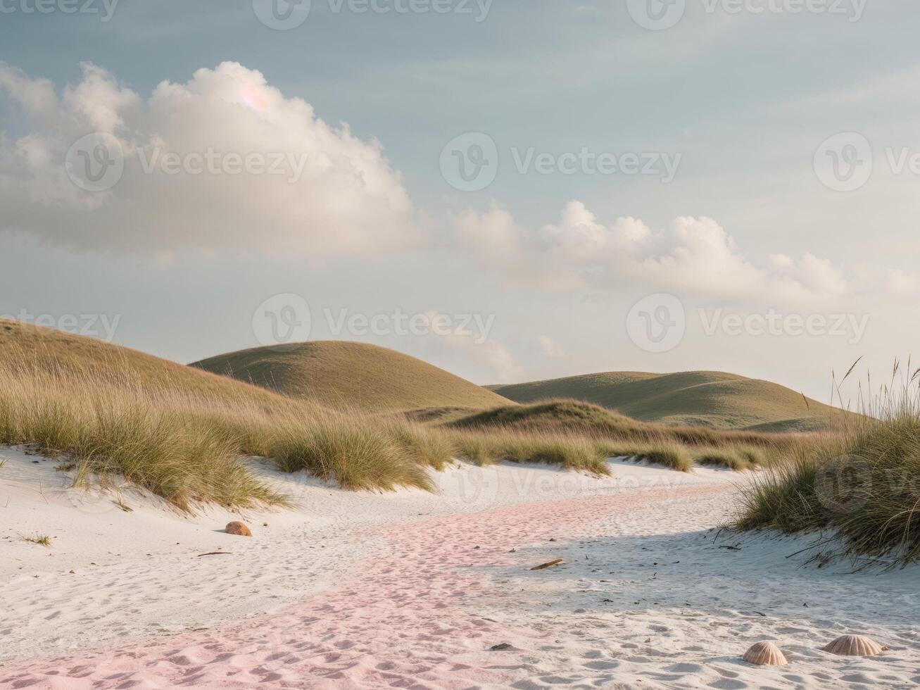 A pink sand path on a beach with grass and dunes photo