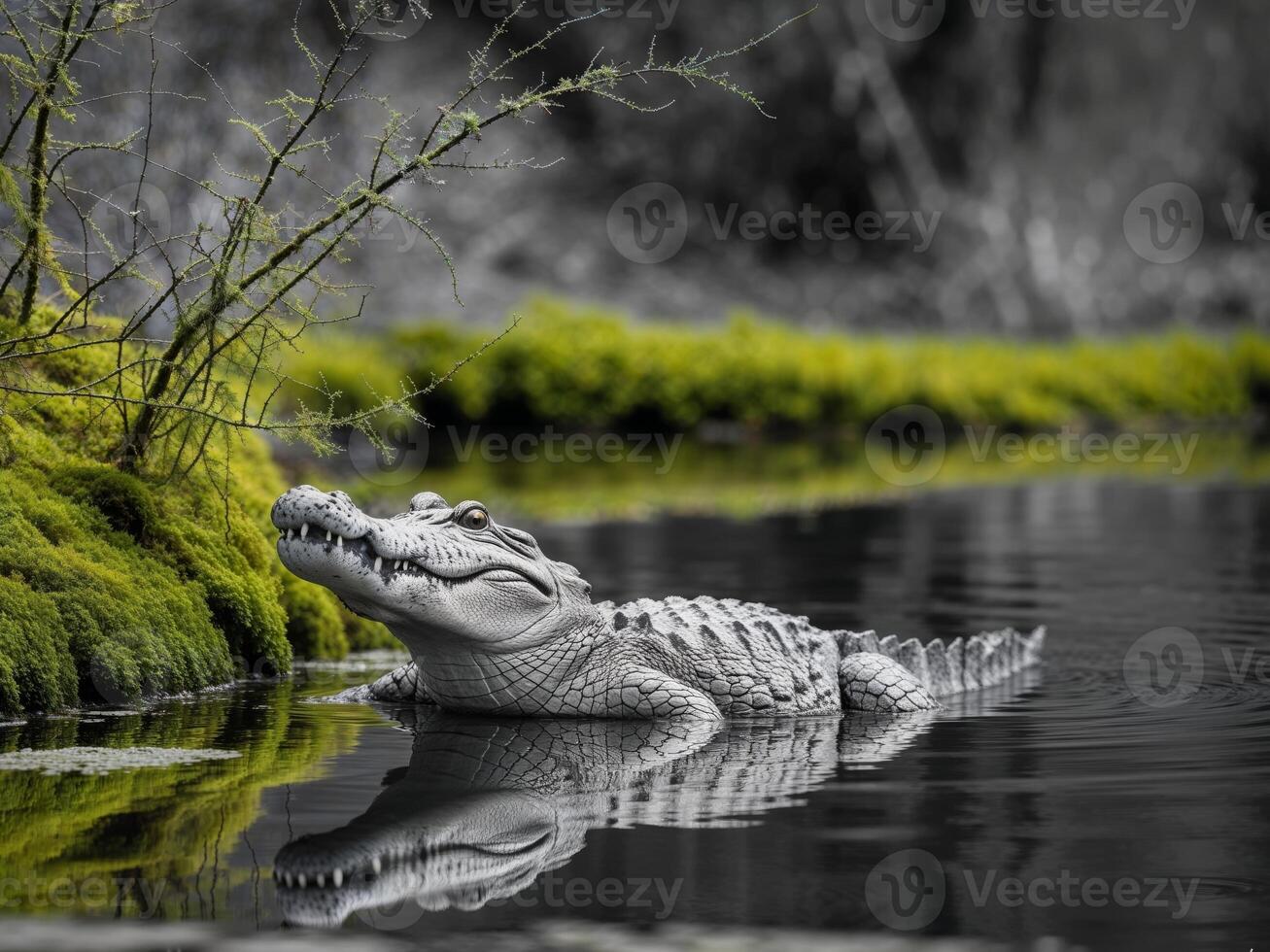 A black and white photo of a crocodile in the water