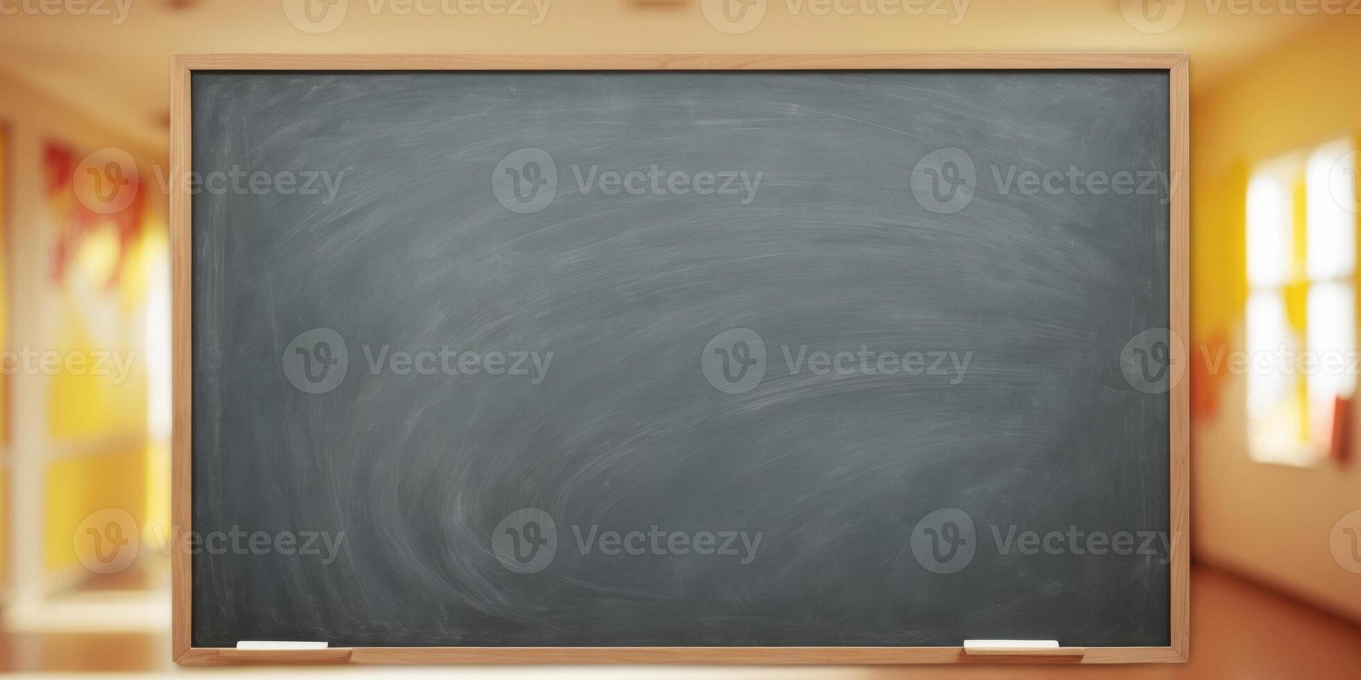 A blackboard in front of a classroom with a bright yellow wall photo