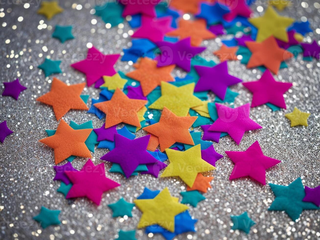 A close up of colorful confetti on a shiny surface photo