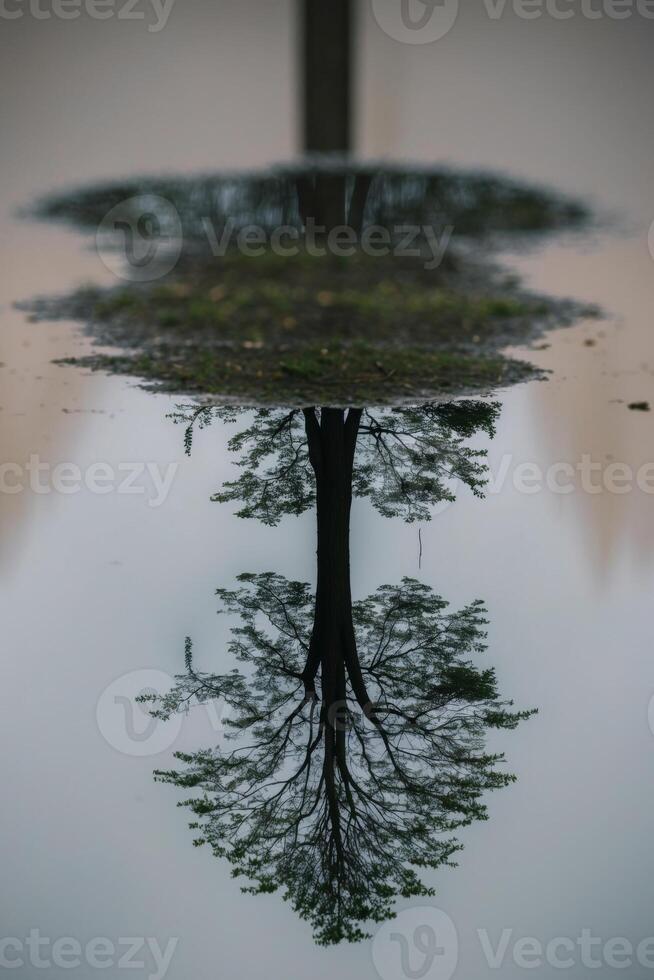 A tree is reflected in a puddle of water photo