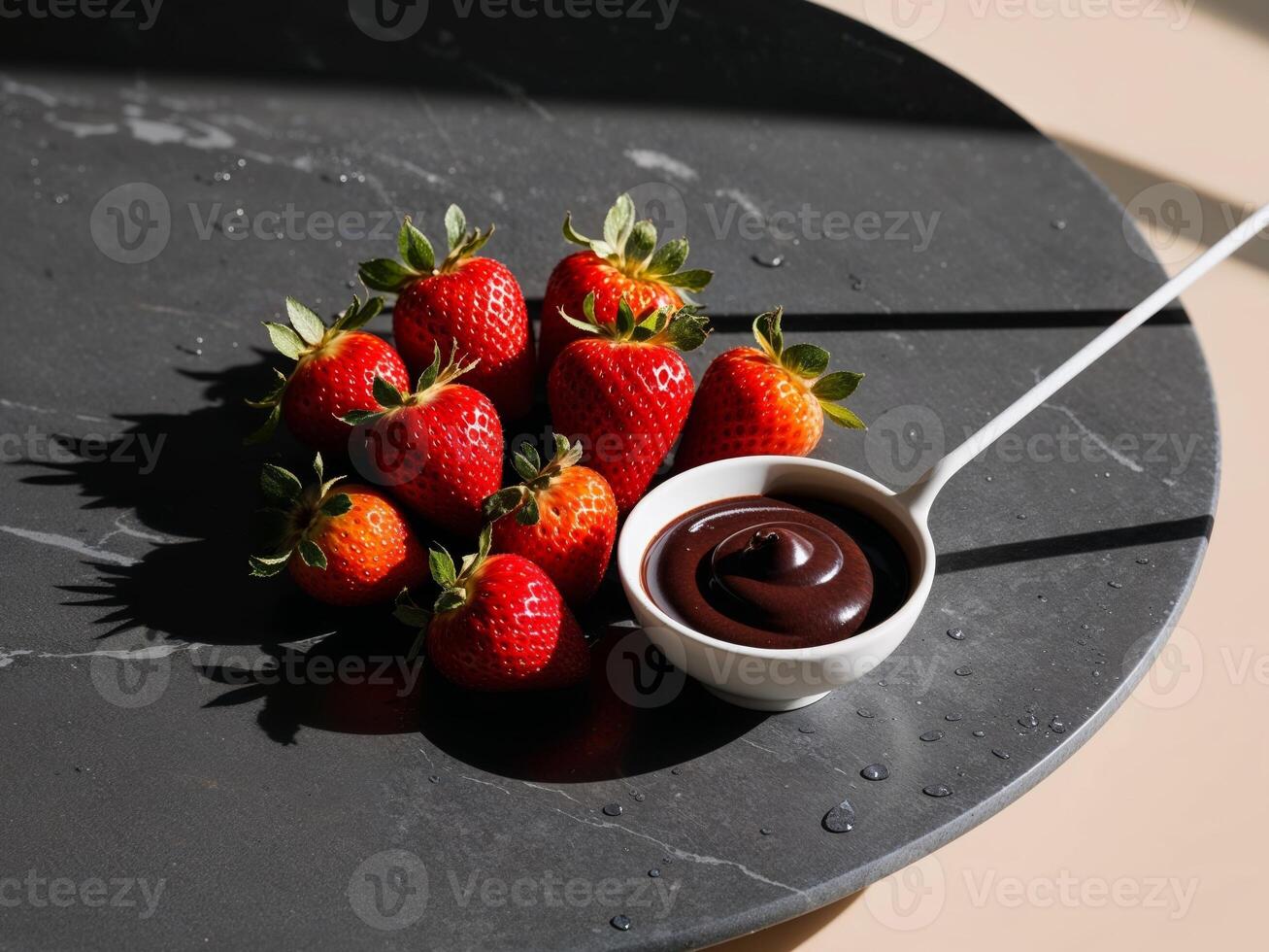 A bowl of strawberries and chocolate sauce photo