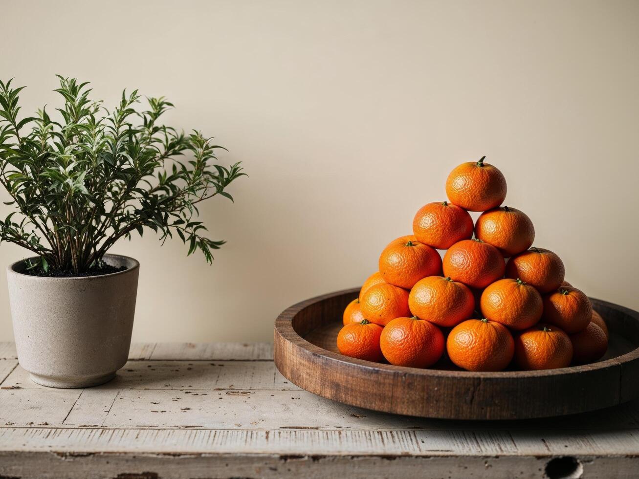 A bowl of oranges on a table next to a potted plant photo