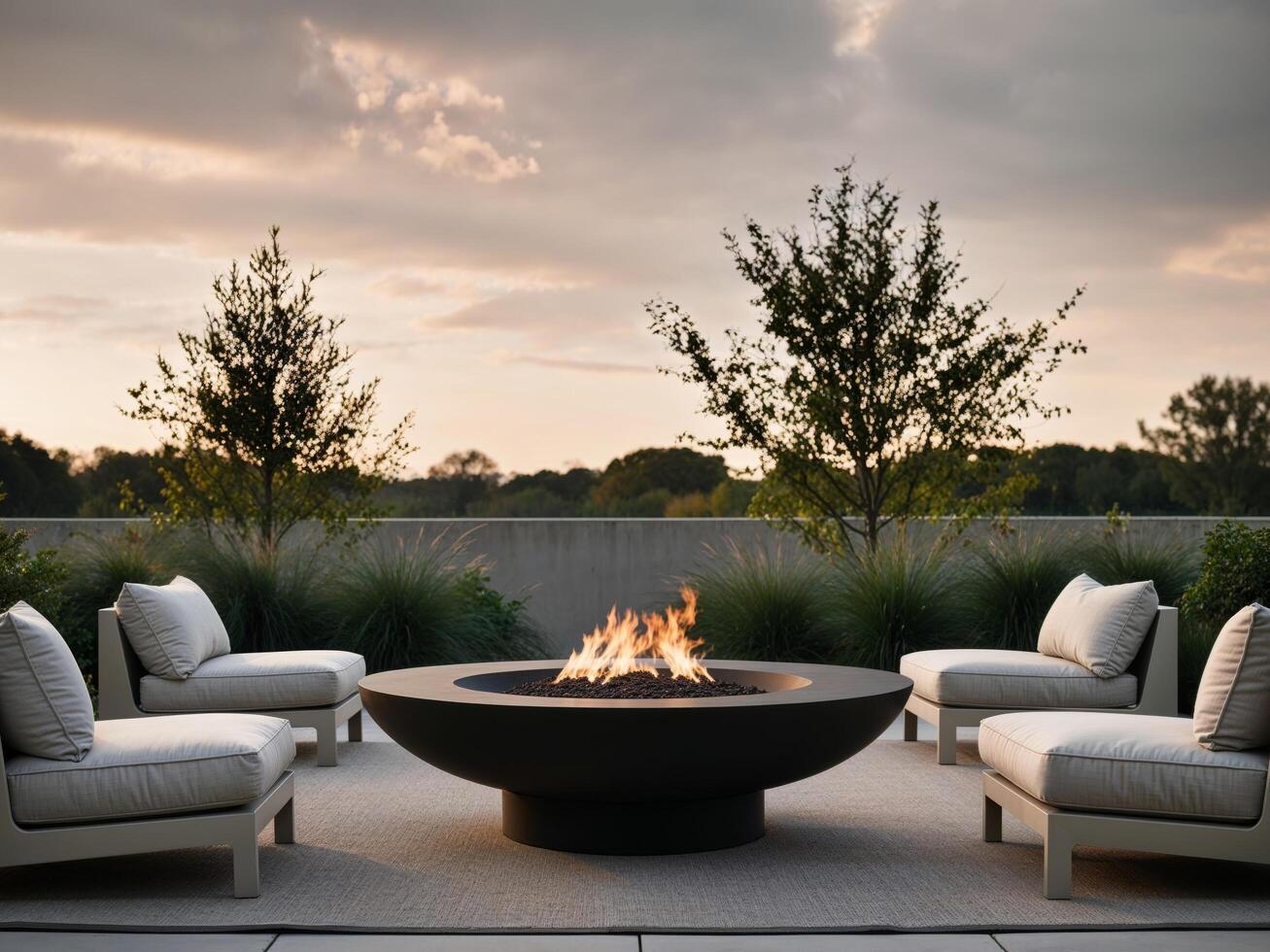 A fire pit on a patio with chairs and a fire pit photo