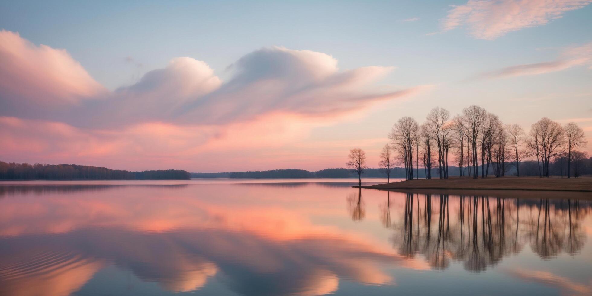 A lake with trees and clouds reflected in it photo