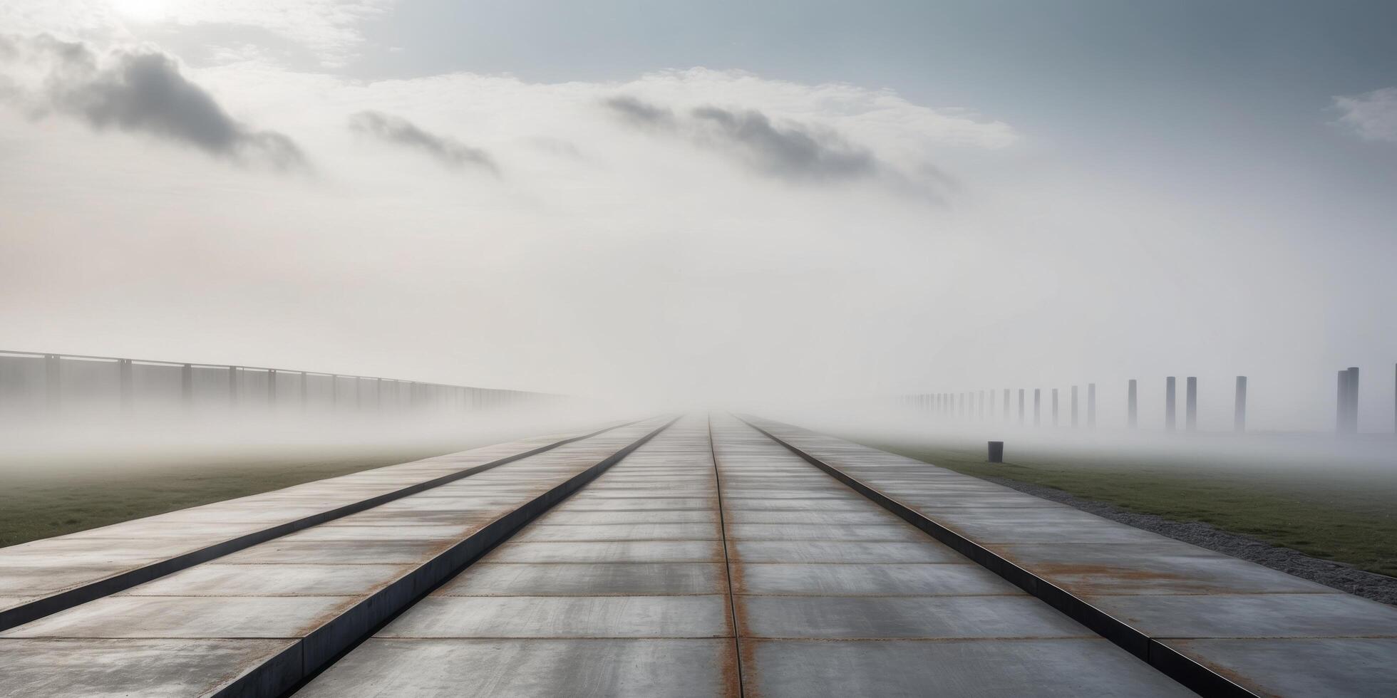 A long walkway is surrounded by fog and clouds photo