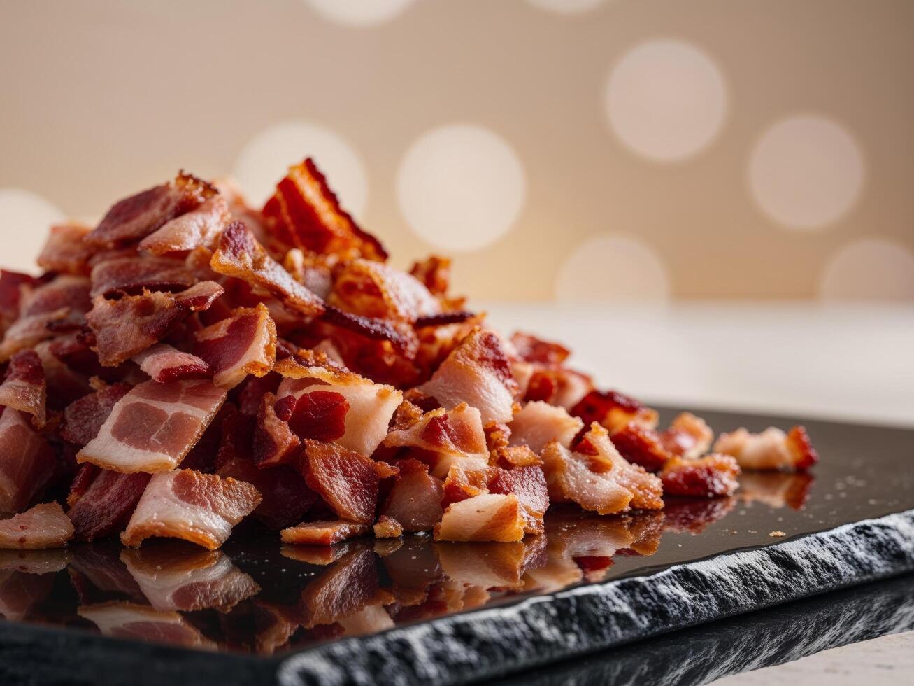 A pile of bacon on a black plate photo