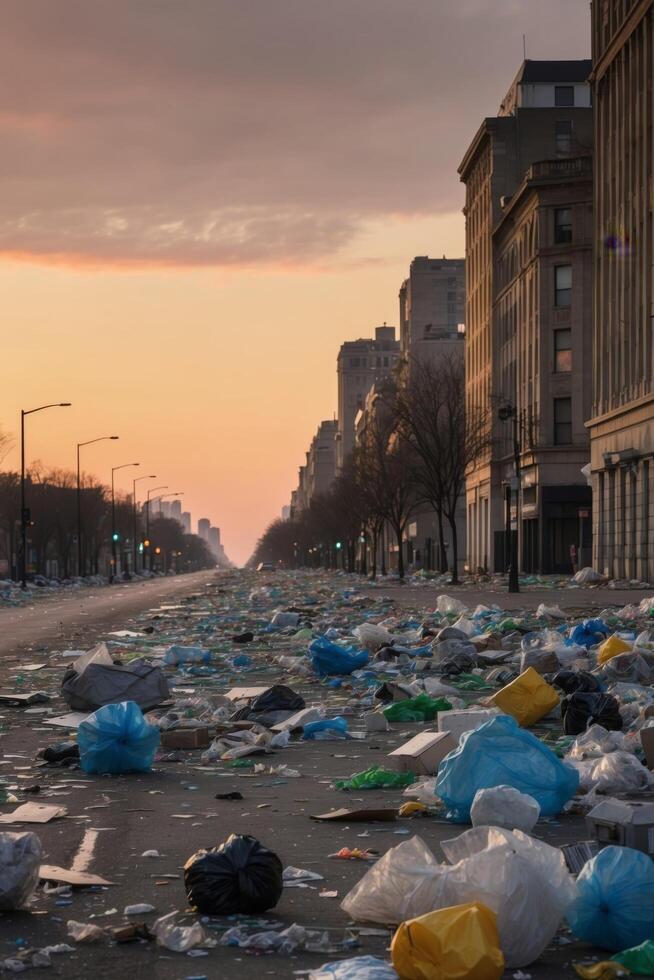 A street filled with garbage and trash at sunset photo
