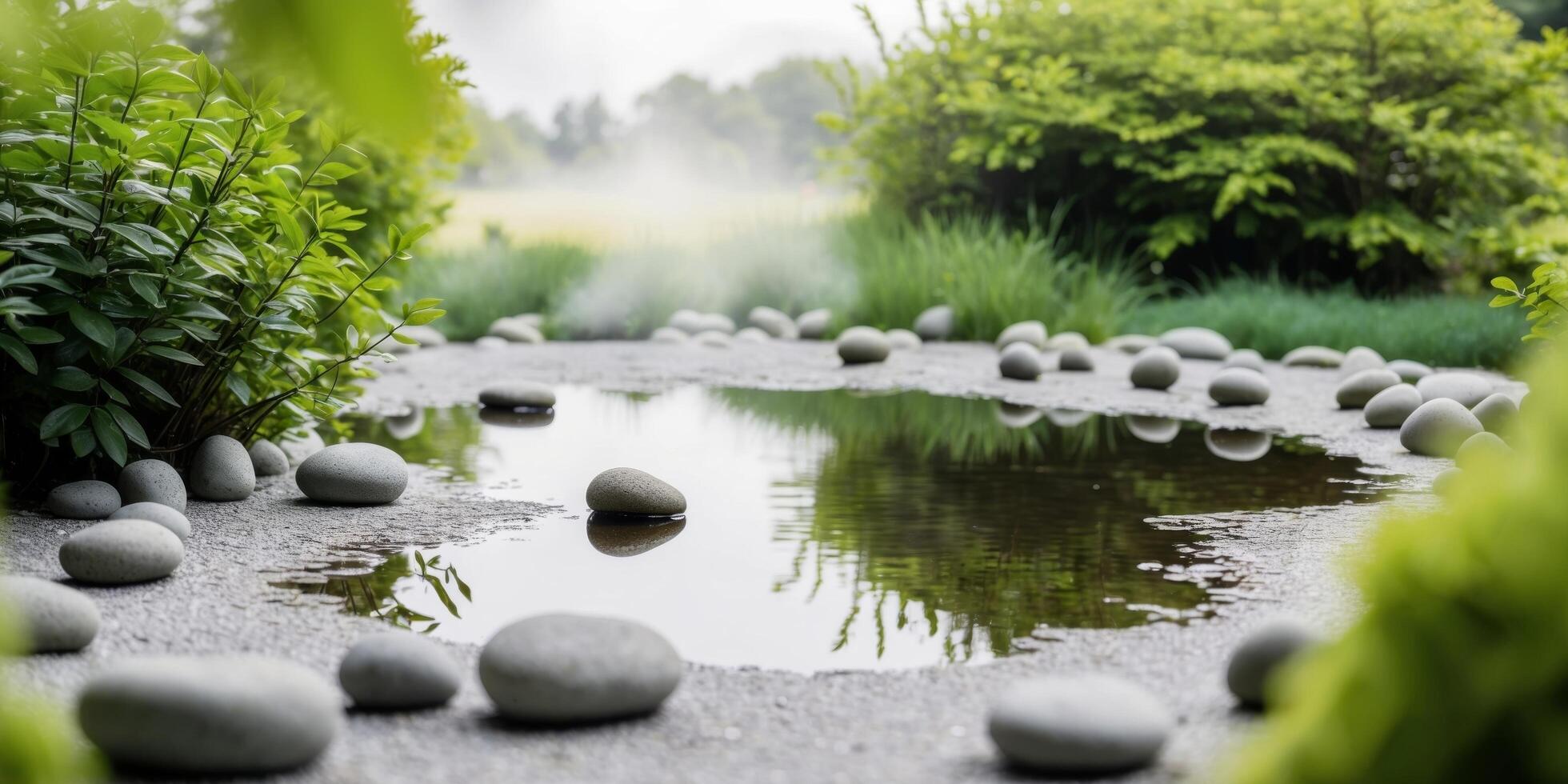 A pond with stones and grass in the middle photo