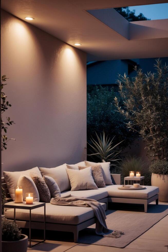A patio with a couch and a table lit up at night photo