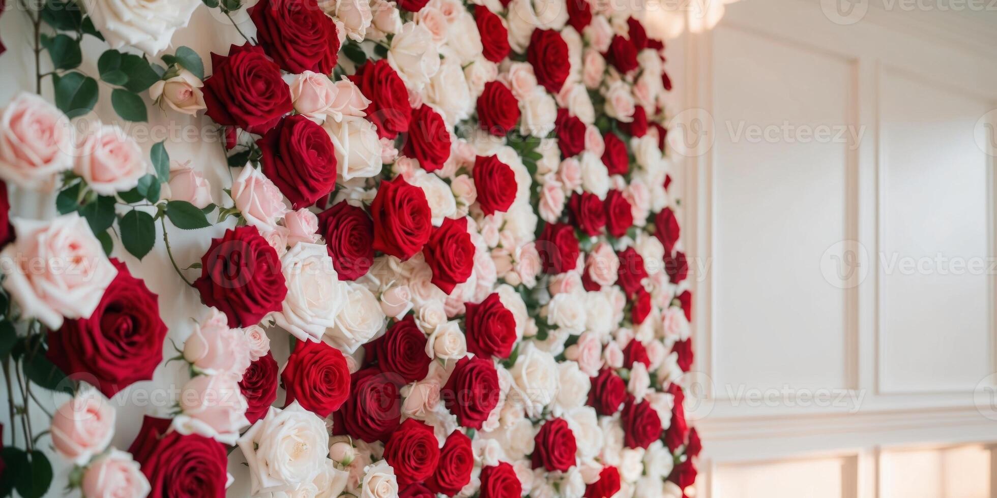 A wall covered in red and white roses photo