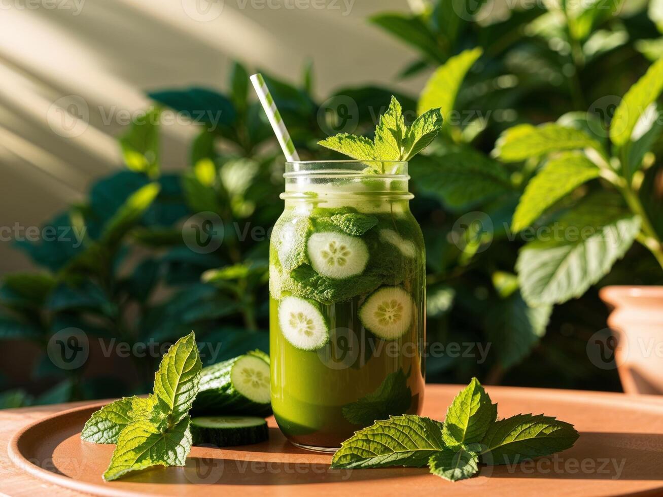 A jar of green juice with cucumbers and mint leaves photo