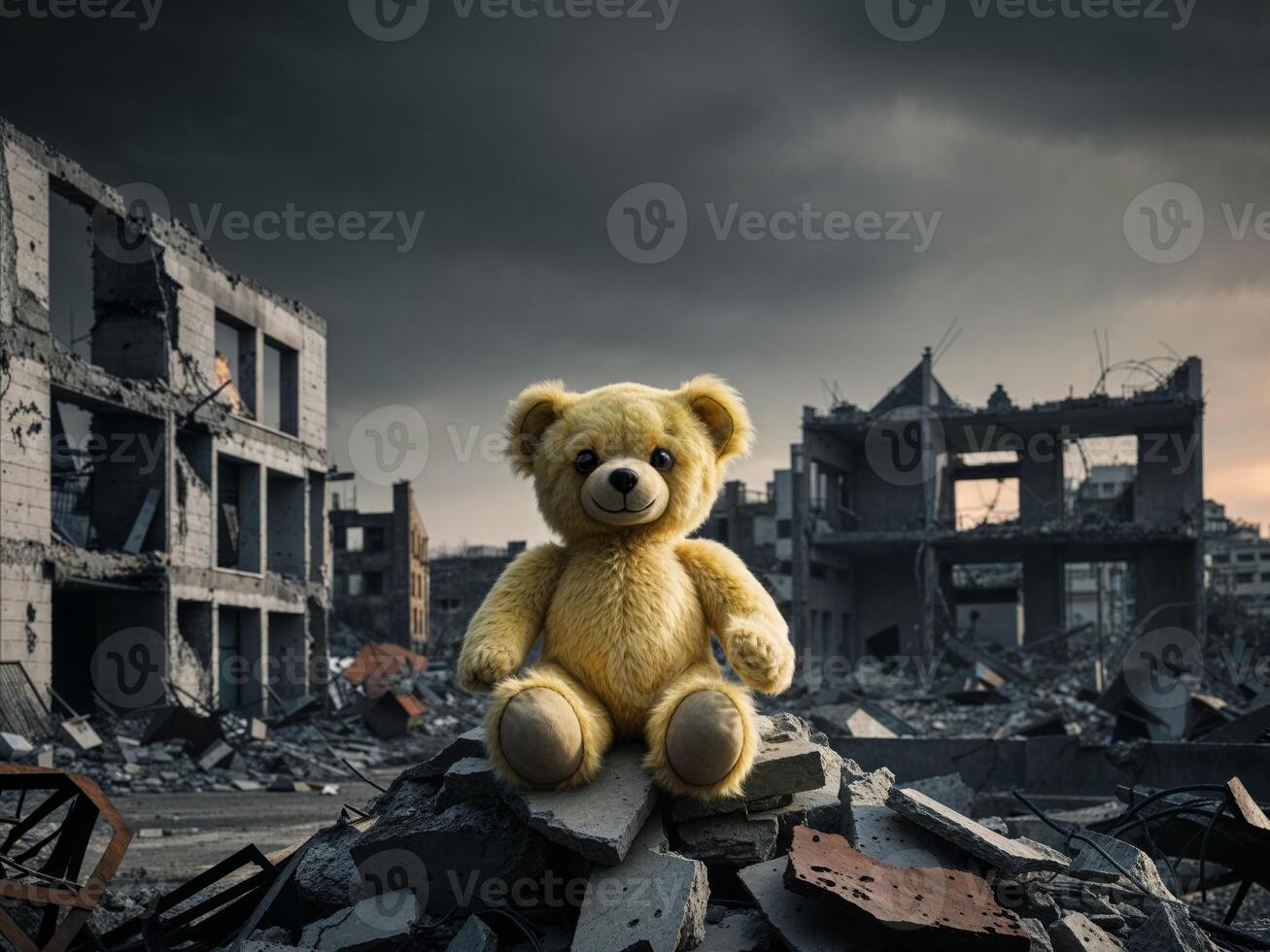 A teddy bear sits on top of a pile of rubble photo