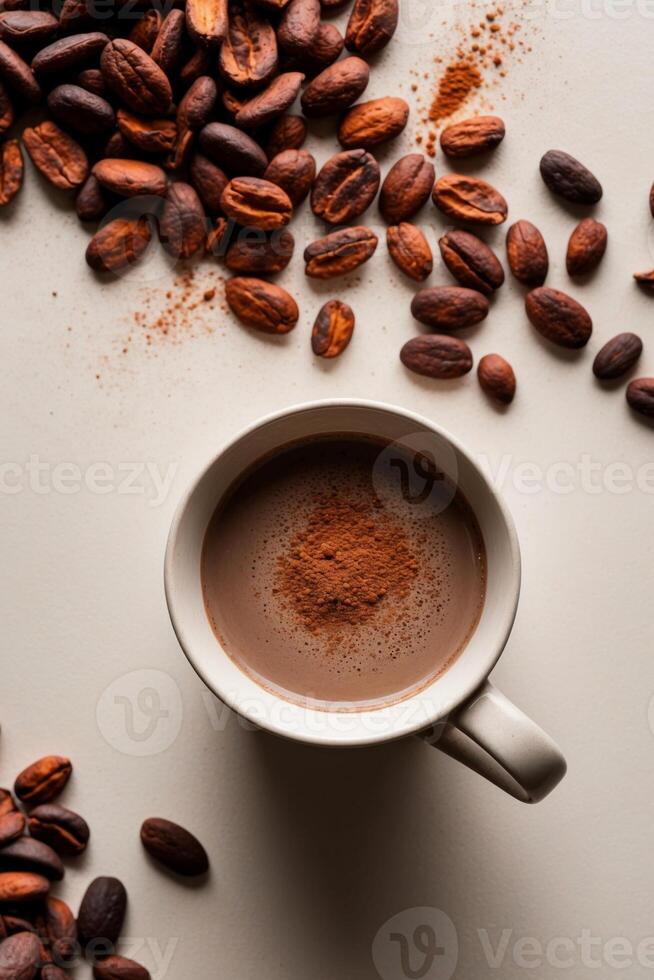 Coffee beans and a cup of hot chocolate on a white background photo