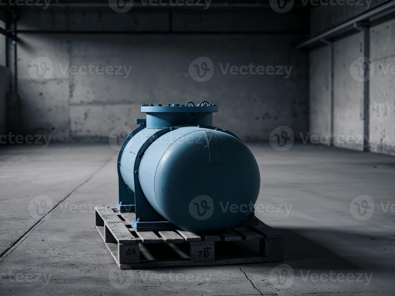 A blue water tank sitting on a pallet photo