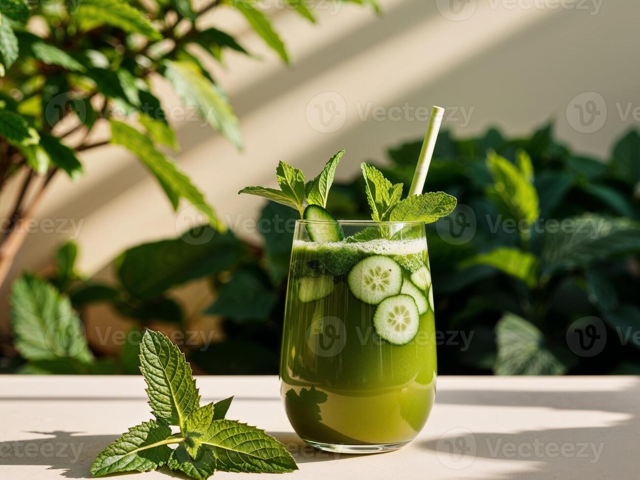 A green drink with cucumber and mint leaves photo
