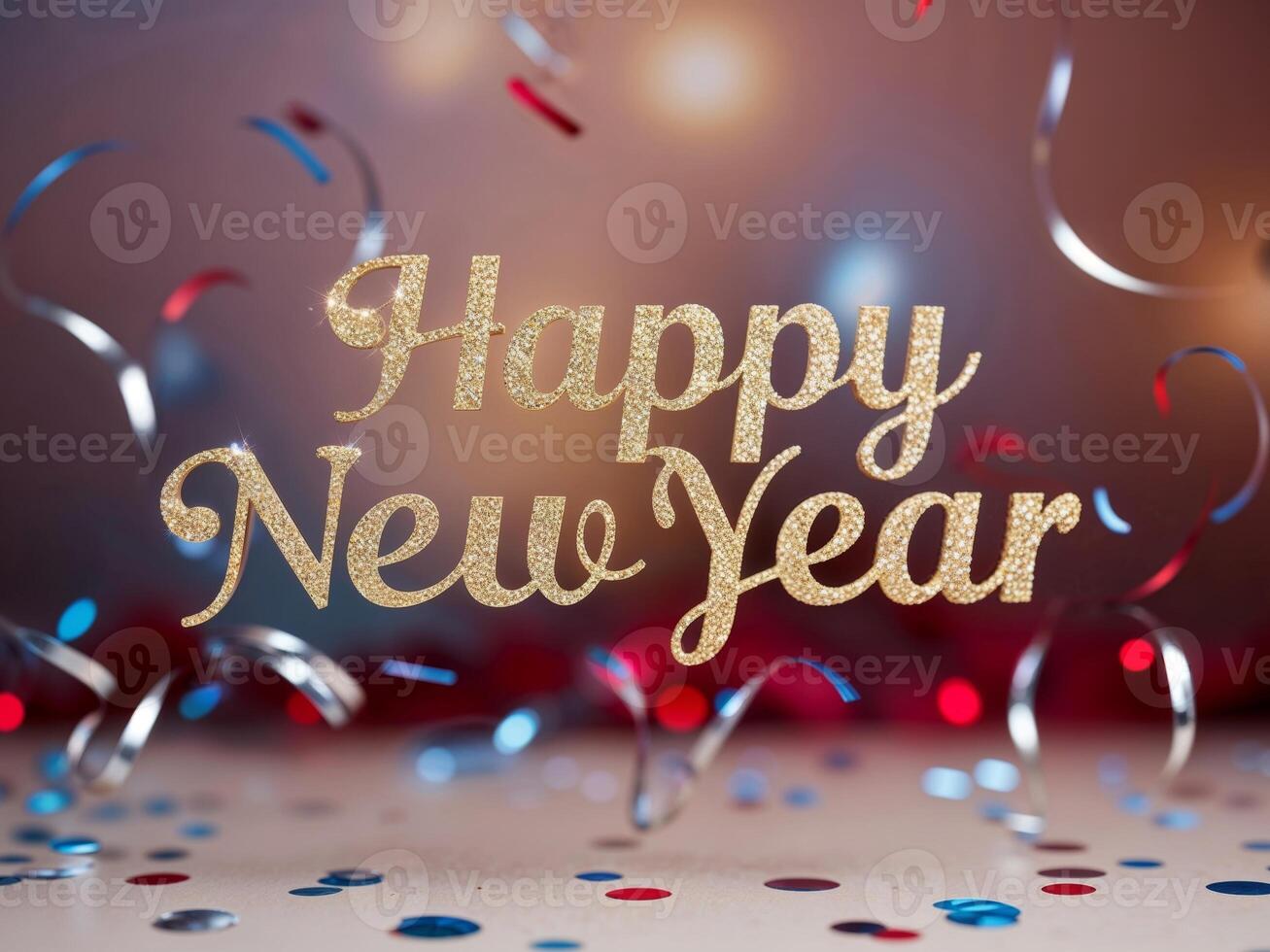 Joyful new year celebration with glittering gold rendered text and festive background. photo