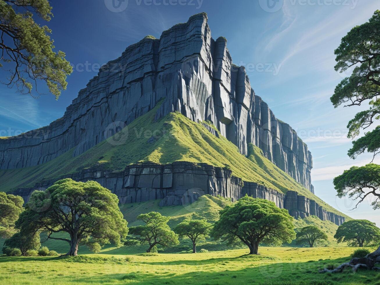 A green grassy field with trees and a mountain photo
