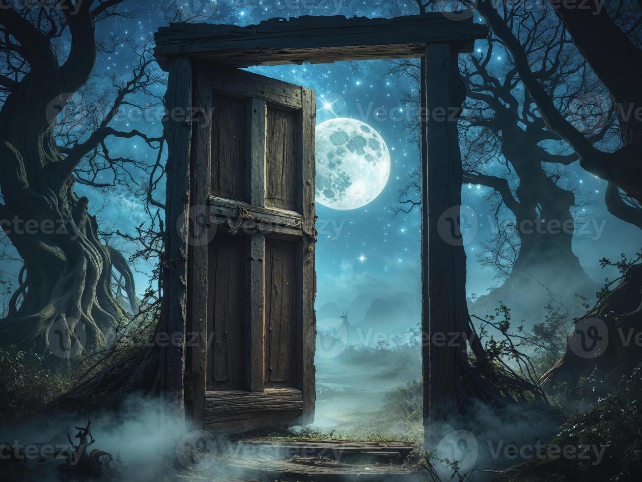 An open door in the woods with a full moon photo