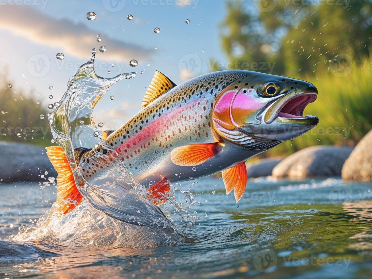 Trout Fish Jumping Out of Water with Splash in River photo