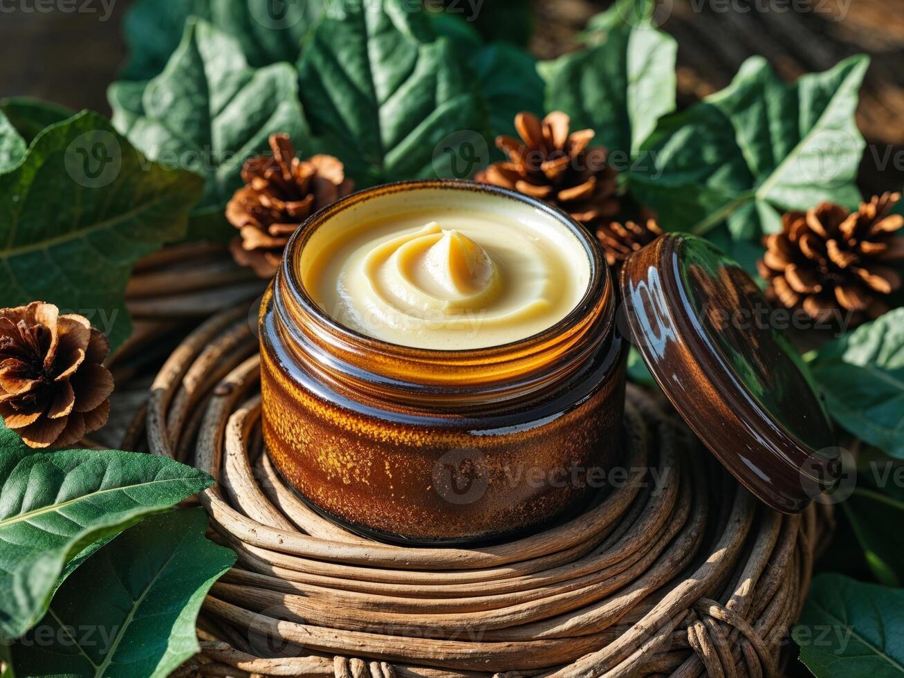 Natural skincare cream in a dark jar surrounded by green leaves and pine cones on a textured surface photo