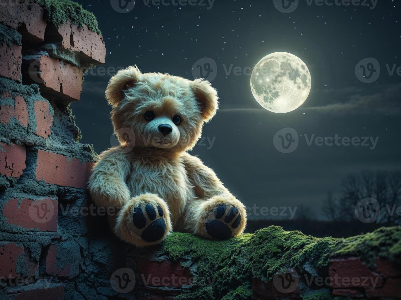 A teddy bear sitting in a crack in a brick wall at night with a full moon in the background photo