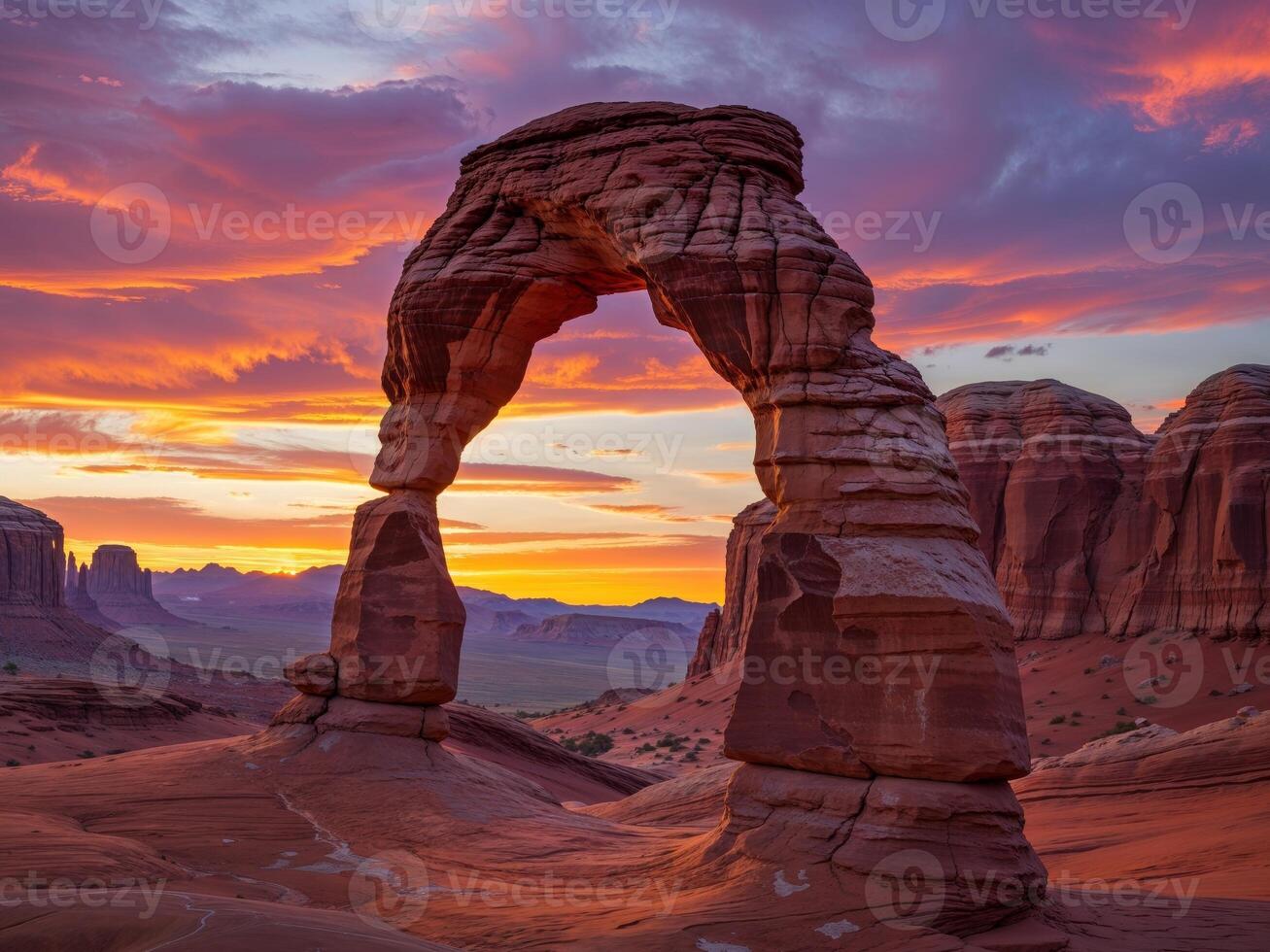 Explore the stunning Delicate Arch at sunset in Arches National Park with vibrant colors illuminating the desert landscape photo