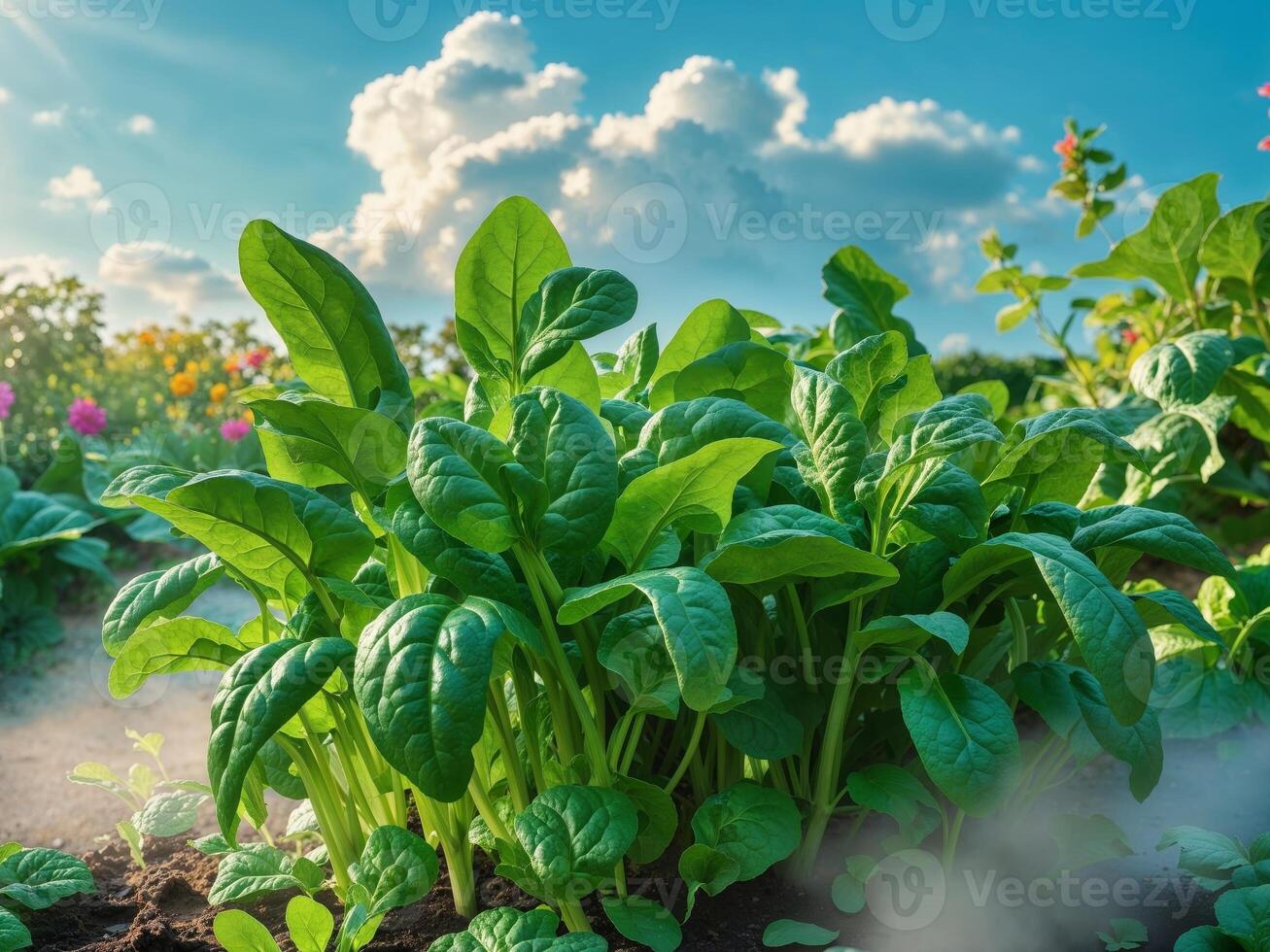 Fresh green spinach leaves grow in a vibrant garden setting during the day photo