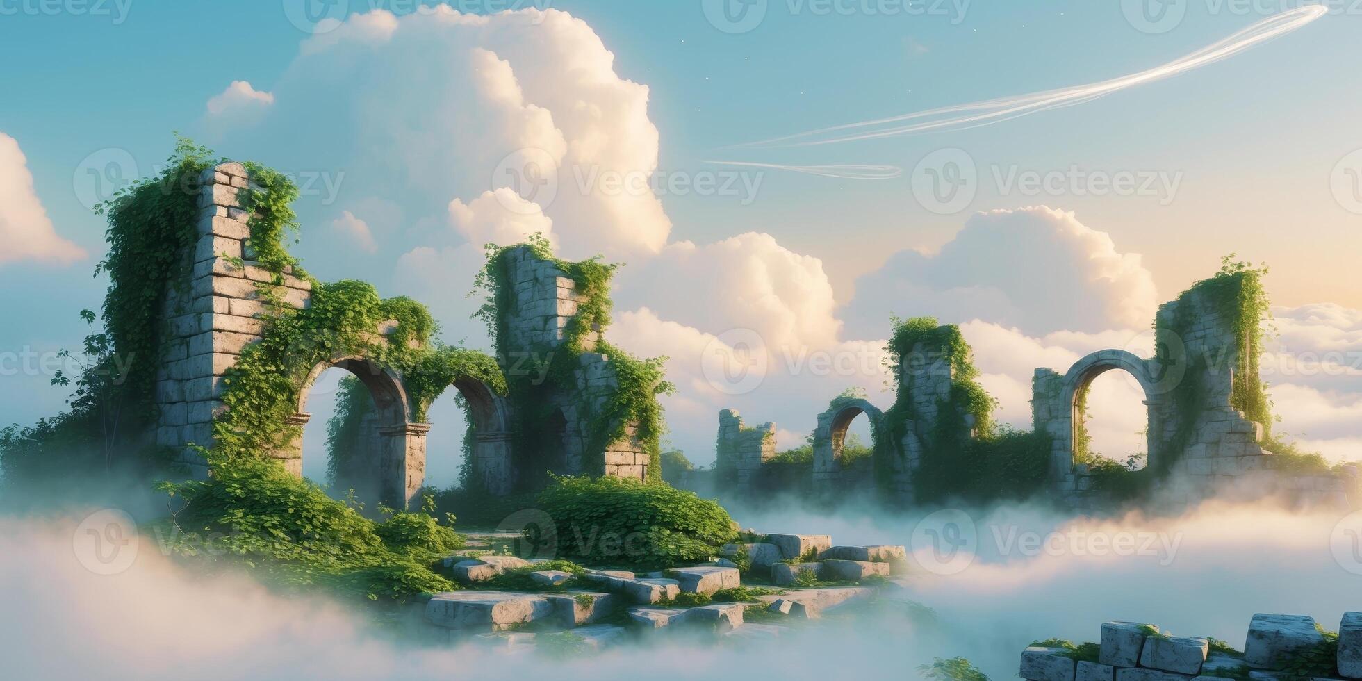Overgrown Ruins of an Ancient City in the Clouds photo