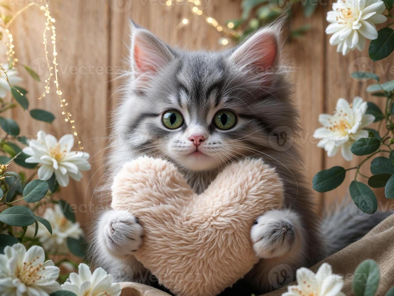 Charming kitten holding heart shaped cushion in cozy setting photo