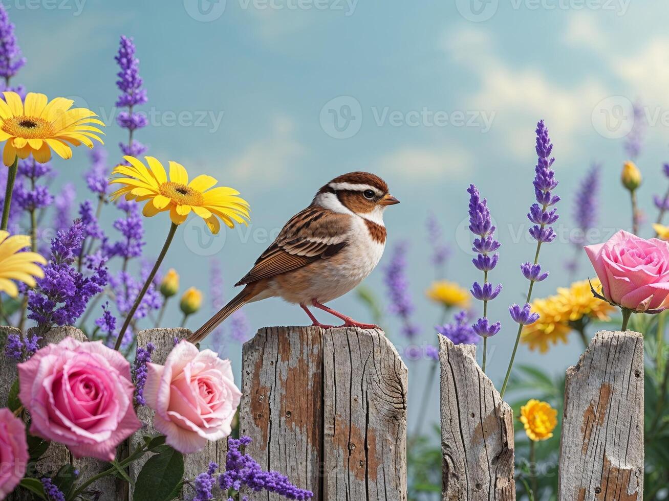 sparrow perched on wooden fence surrounded by flowers photo