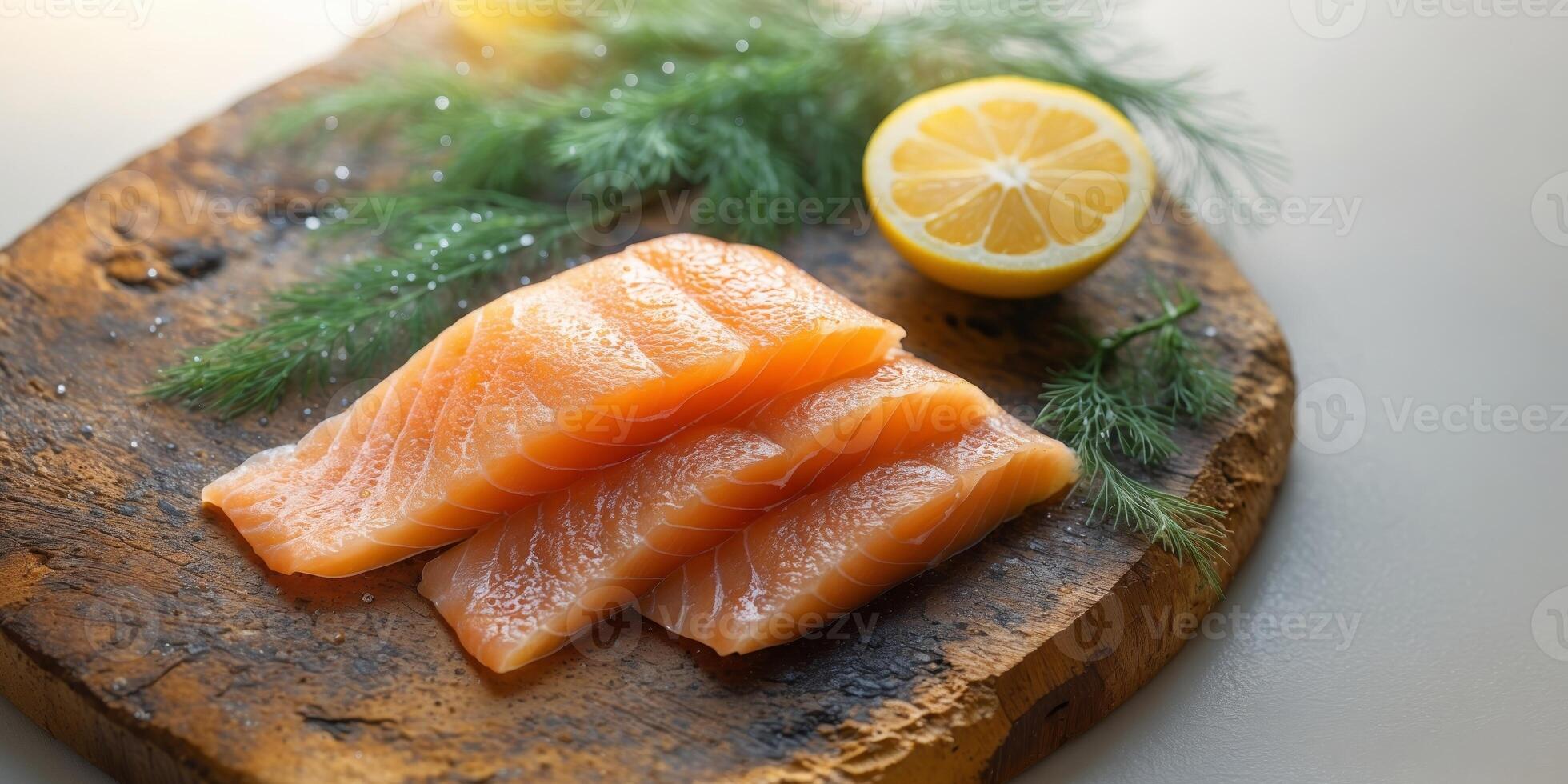 Fresh salmon slices arranged with lemon and dill on a rustic wooden board in natural light photo