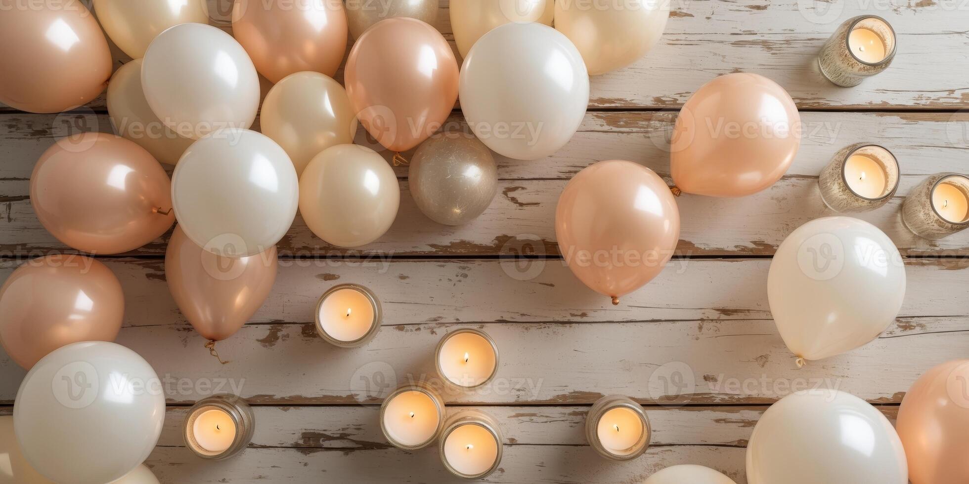 Rustic Wooden Background with Neutral Balloons and Candles for Festive Celebration or Invitation Design photo