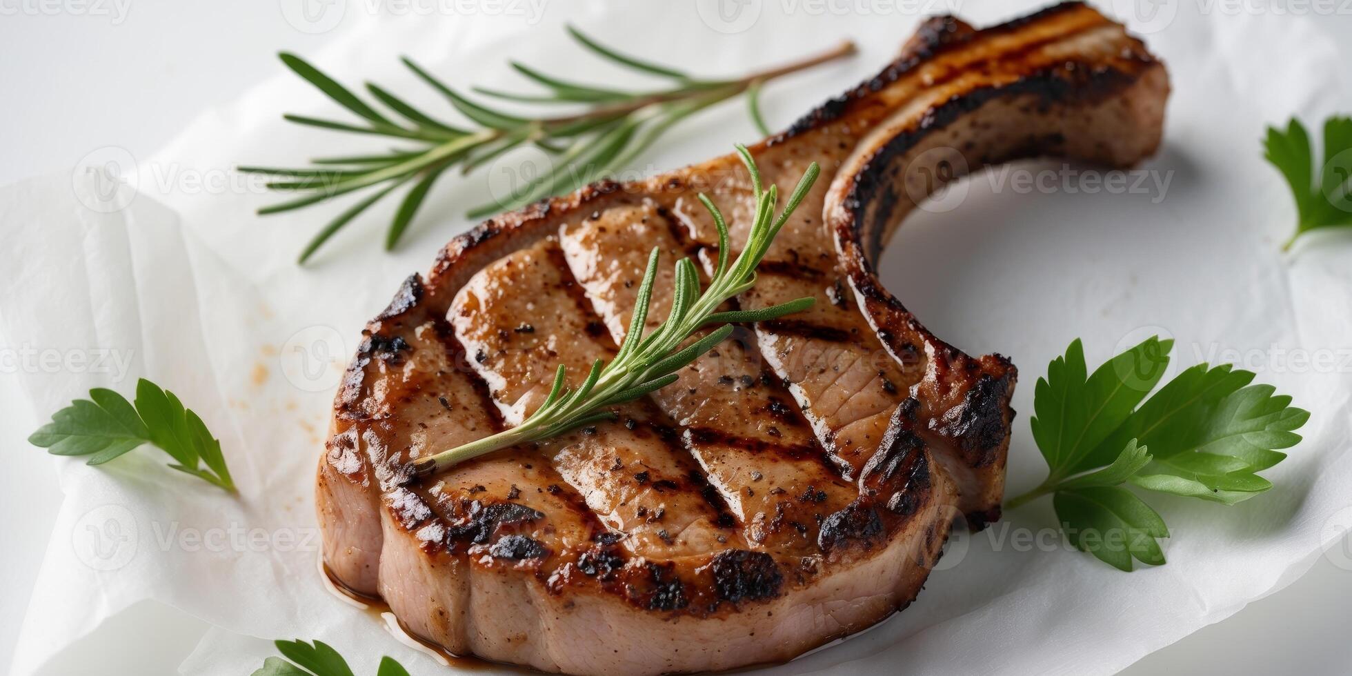 Close up of grilled pork chop with grill marks and herb garnish for culinary presentation photo