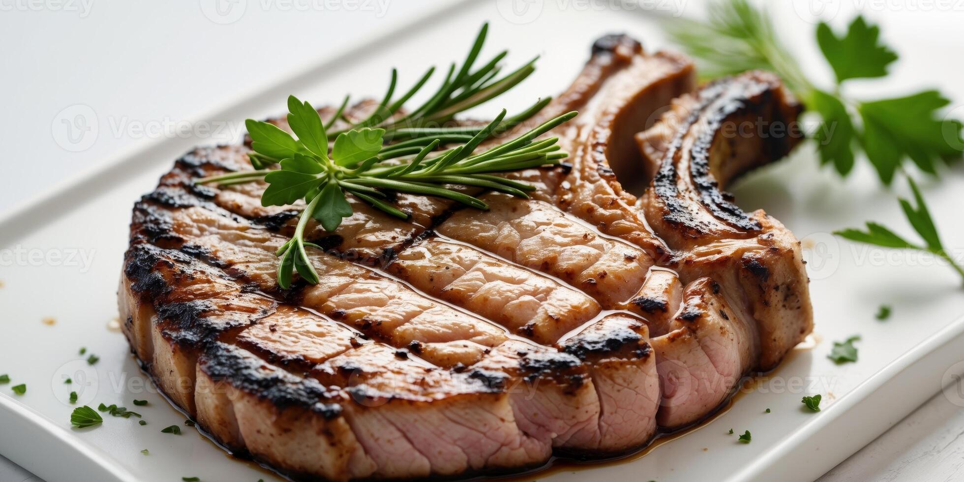 Close up of grilled pork chop with grill marks and herb garnish for culinary presentation photo