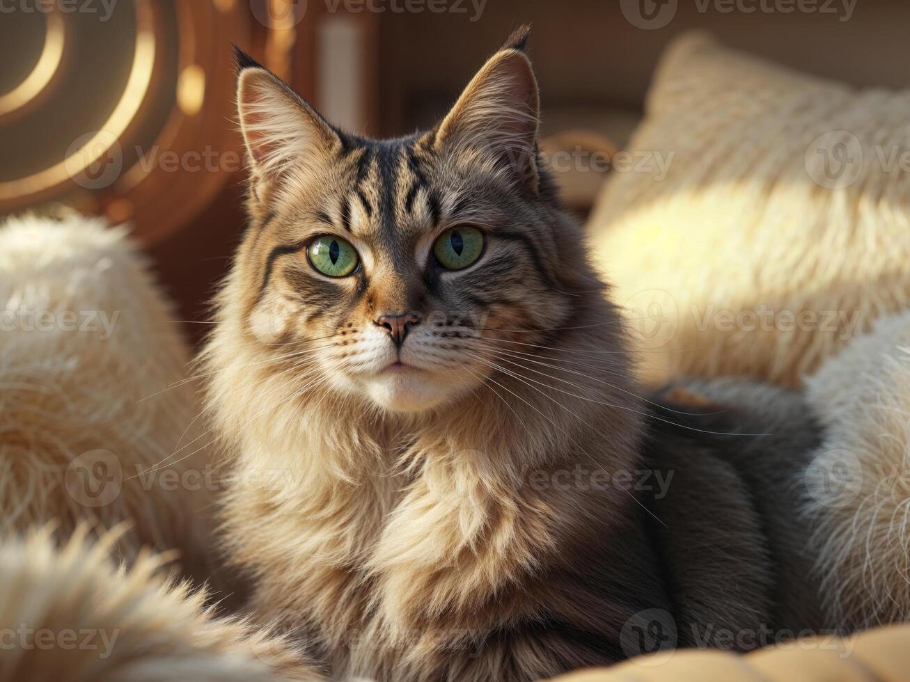 Captivating Tabby Cat Gazes Curiously with Contemplative Expression in Cozy Indoor Setting photo
