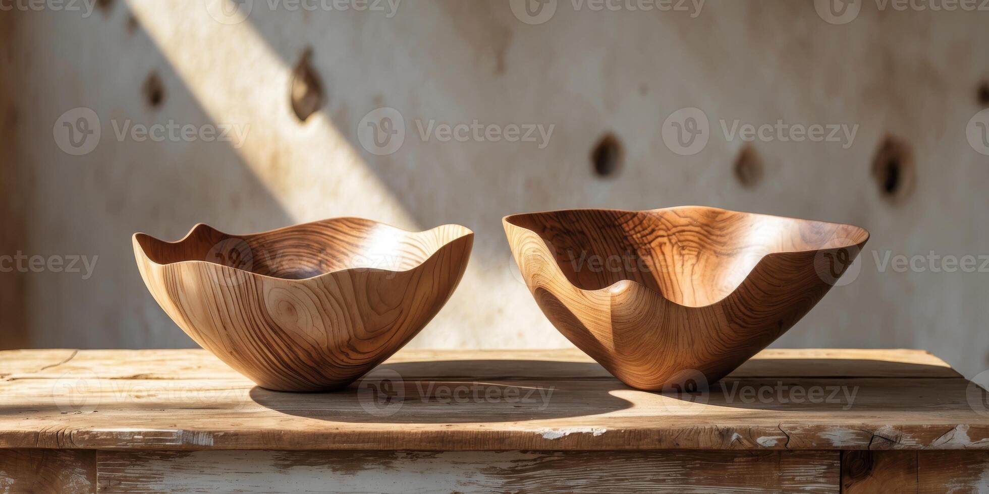 Two wooden bowls sitting on top of a wooden table photo