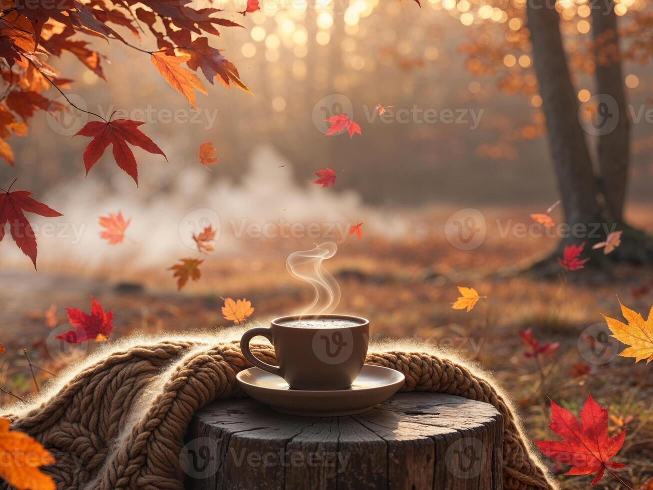 Coffee cup with autumn leaves and autumn leaves on the ground in the autumn forest photo