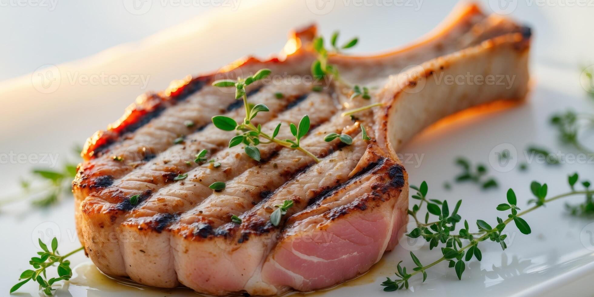 Grilled pork chop on a white plate with herbs photo