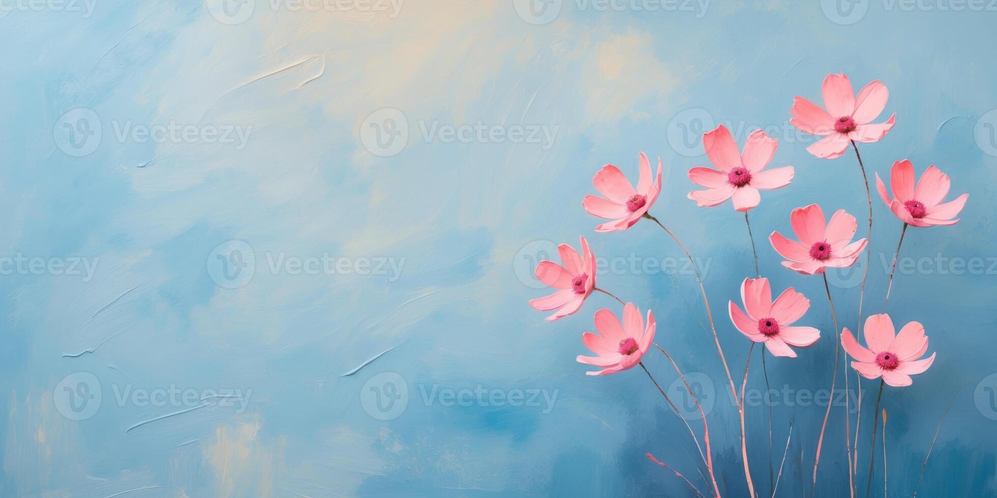 Pink flowers on a blue background photo