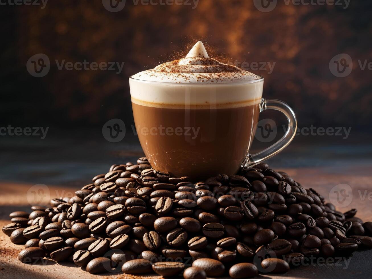 Coffee beans and cappuccino in glass cup on dark background photo