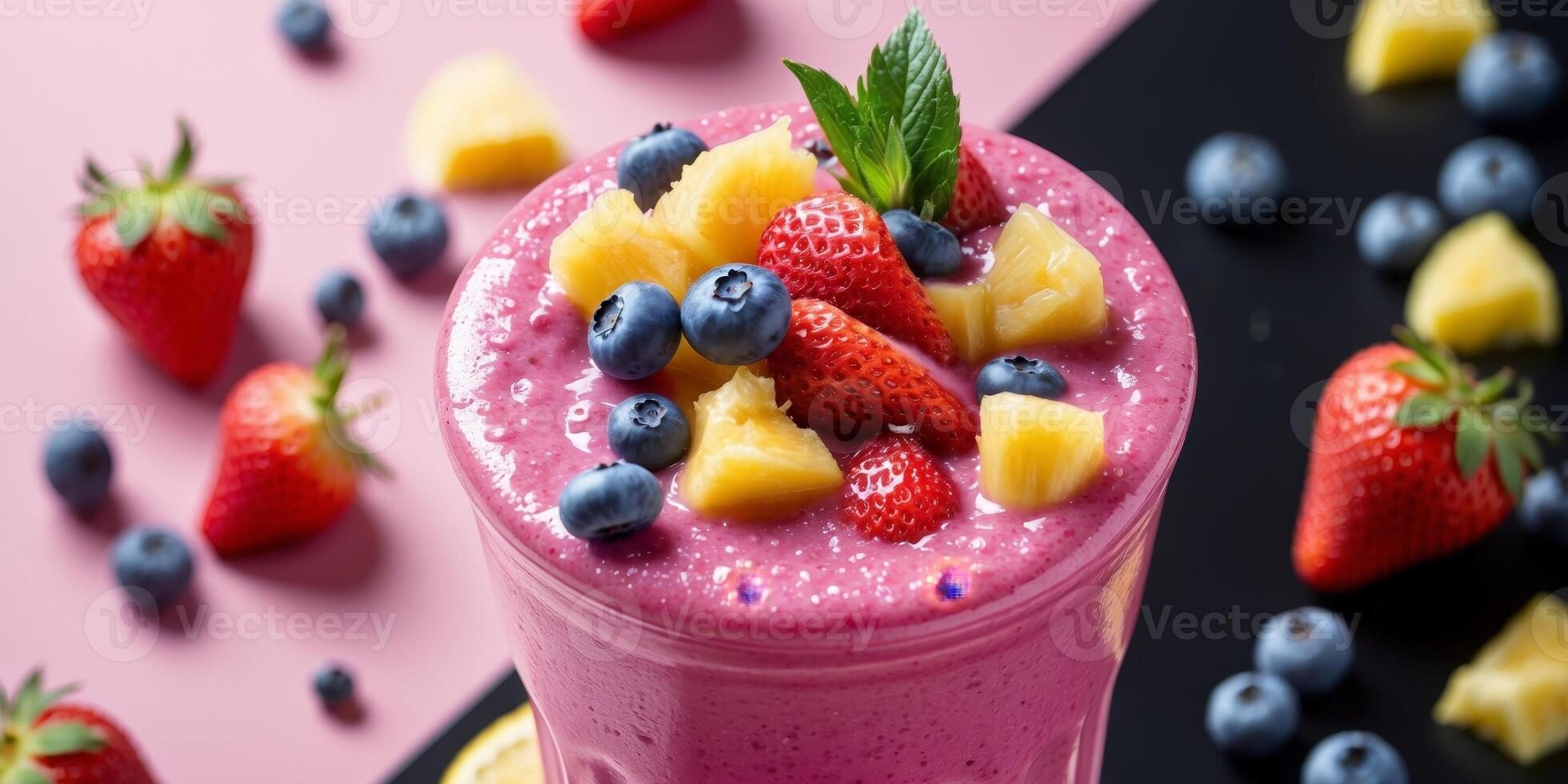 A smoothie with berries and pineapple on a pink background photo