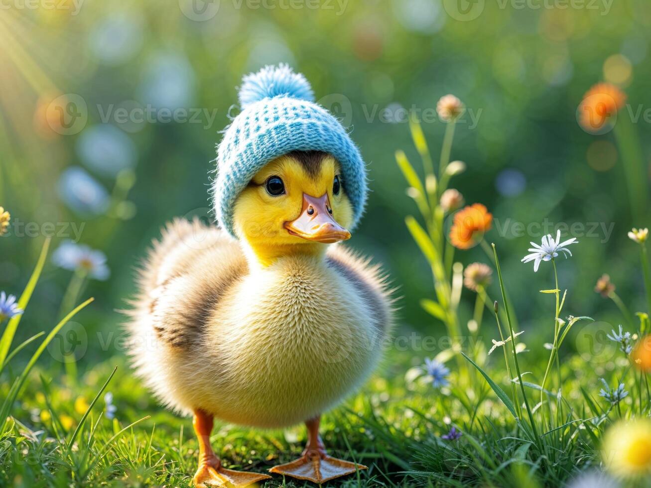 Duckling wearing a blue knitted hat in a grassy garden photo
