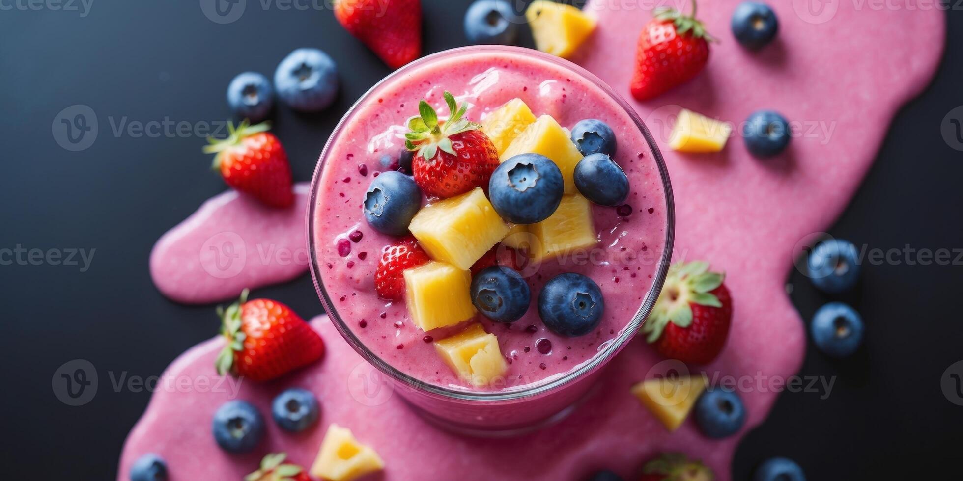 Refreshing pink smoothie showcases vibrant flavors with fresh fruit on a contrasting black backdrop photo