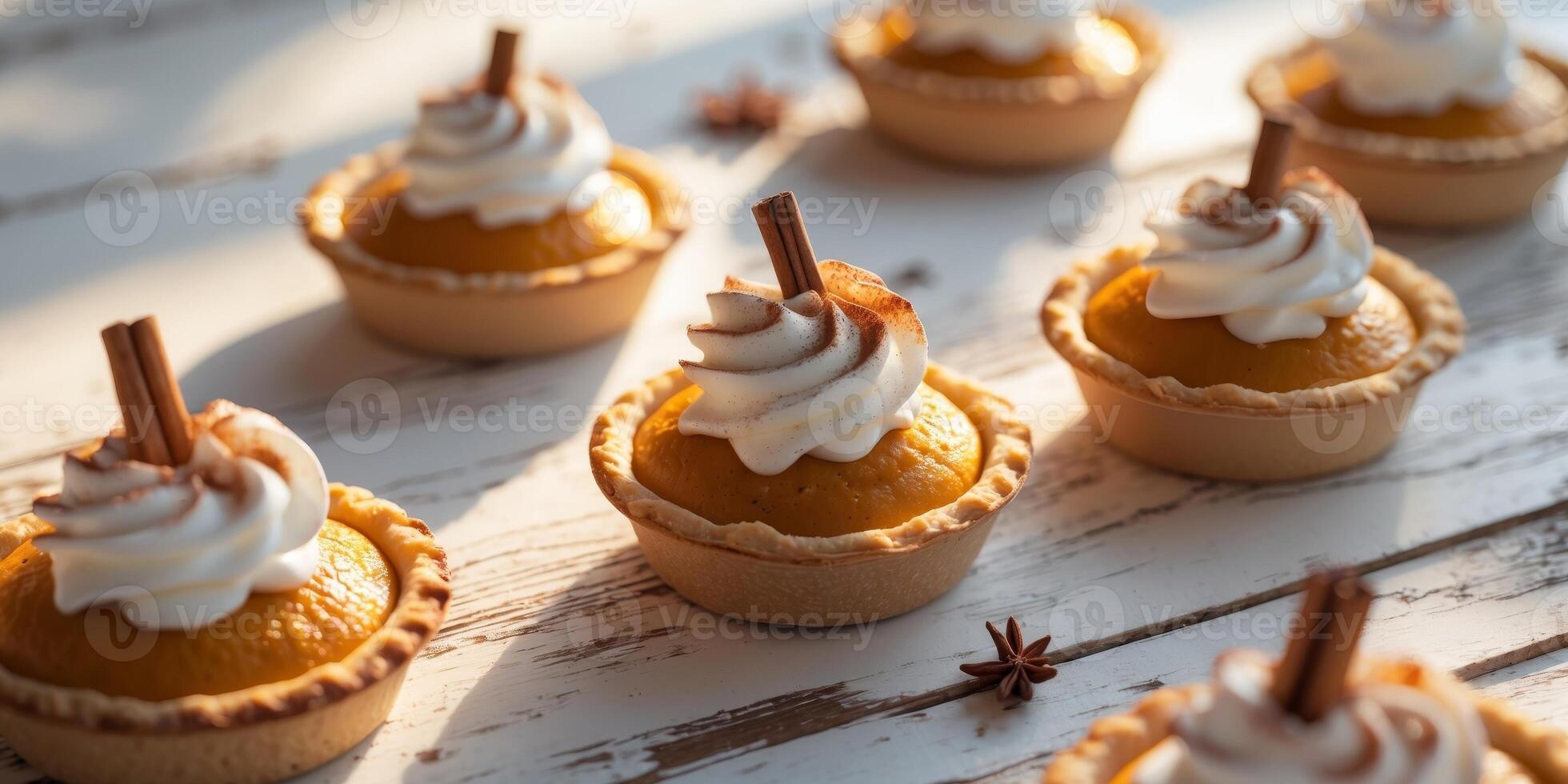 Mini Pumpkin Pies with Whipped Cream and Cinnamon Sticks on Rustic Wooden Table photo