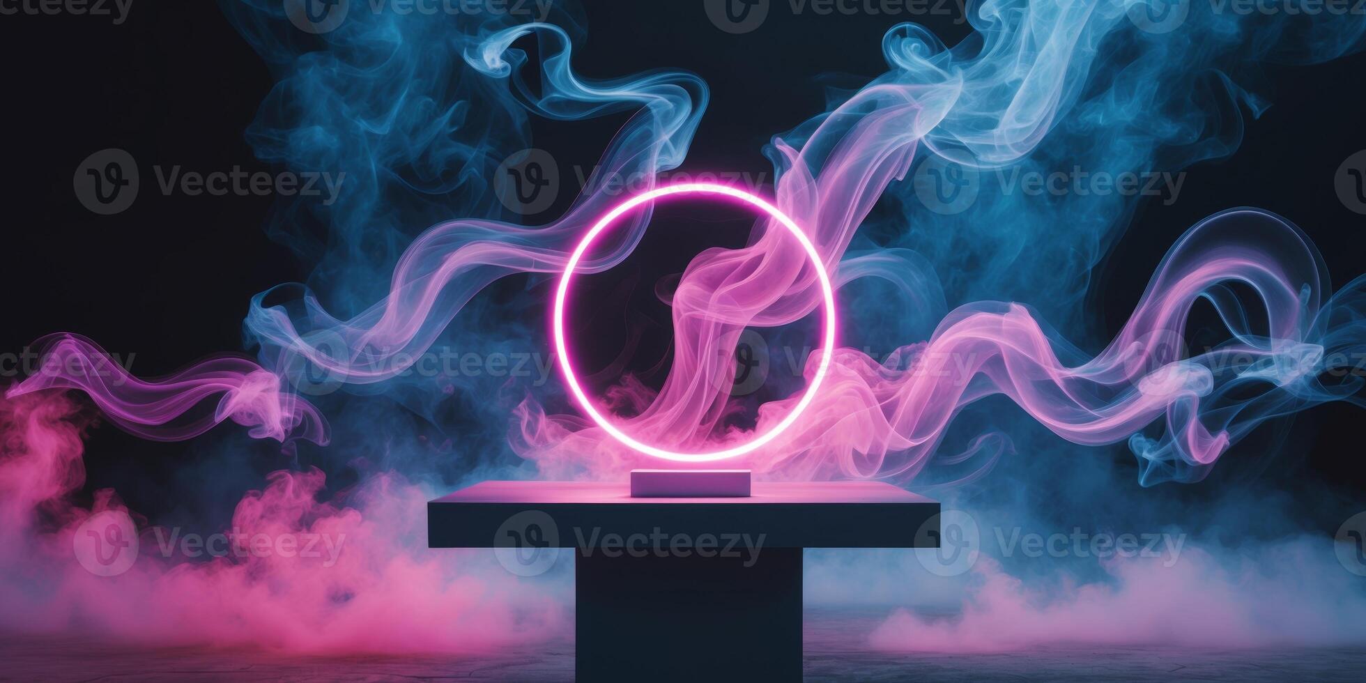 abstract scene with neon circle round podium and smoke on dark background photo